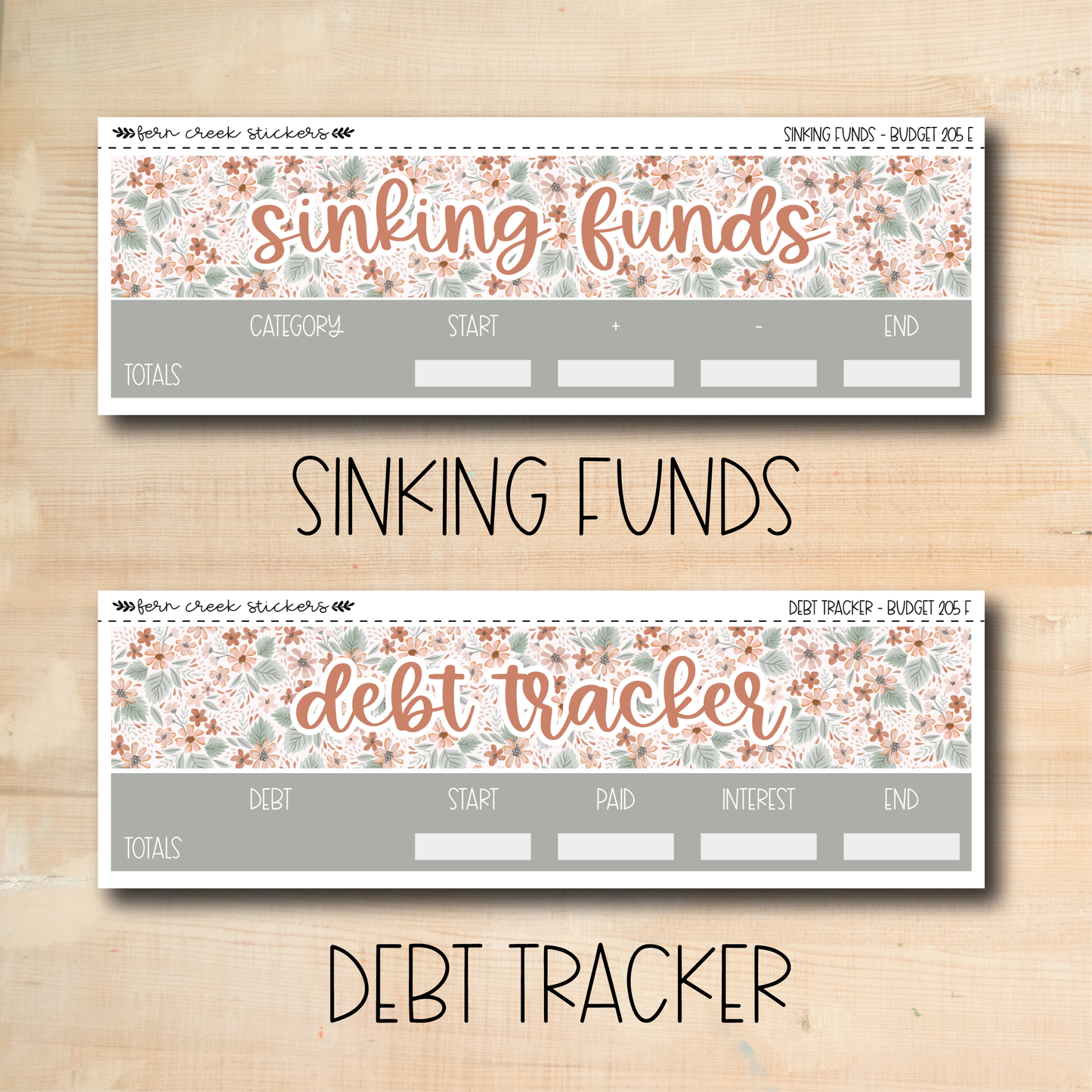 a pair of stickers that say sinking funds and debt tracker