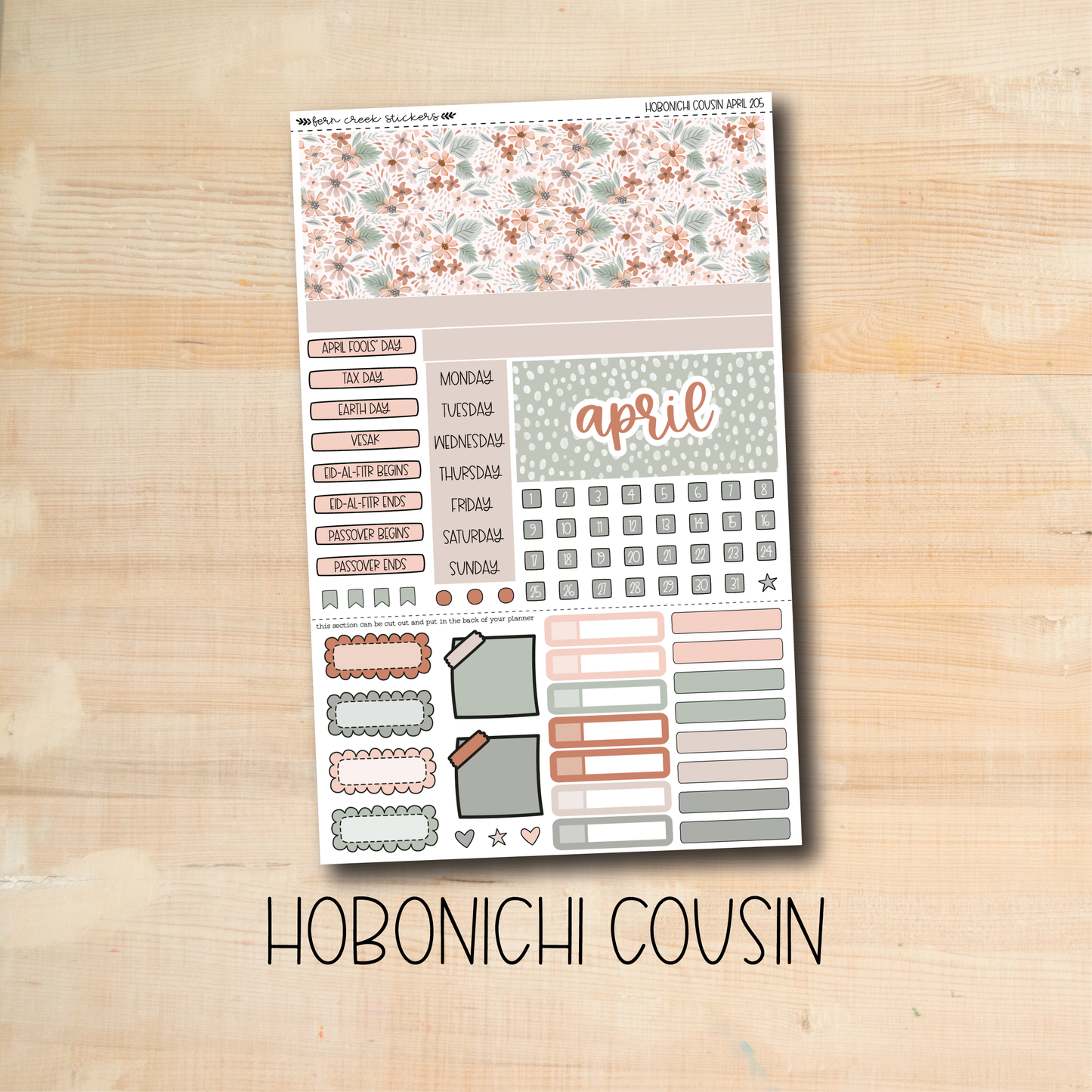the hobonich cousin sticker sheet is displayed on a wooden surface