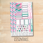 a pink and green planner sticker sheet with the words essentials on it