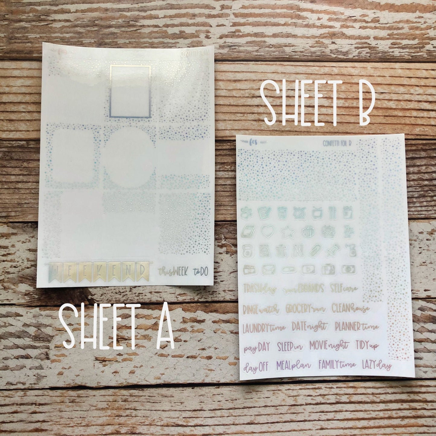 FB-02 || CONFETTI Foil Bundle | confetti clear foiled stickers | foiled planner stickers | full box overlays | header overlay | foiled icons
