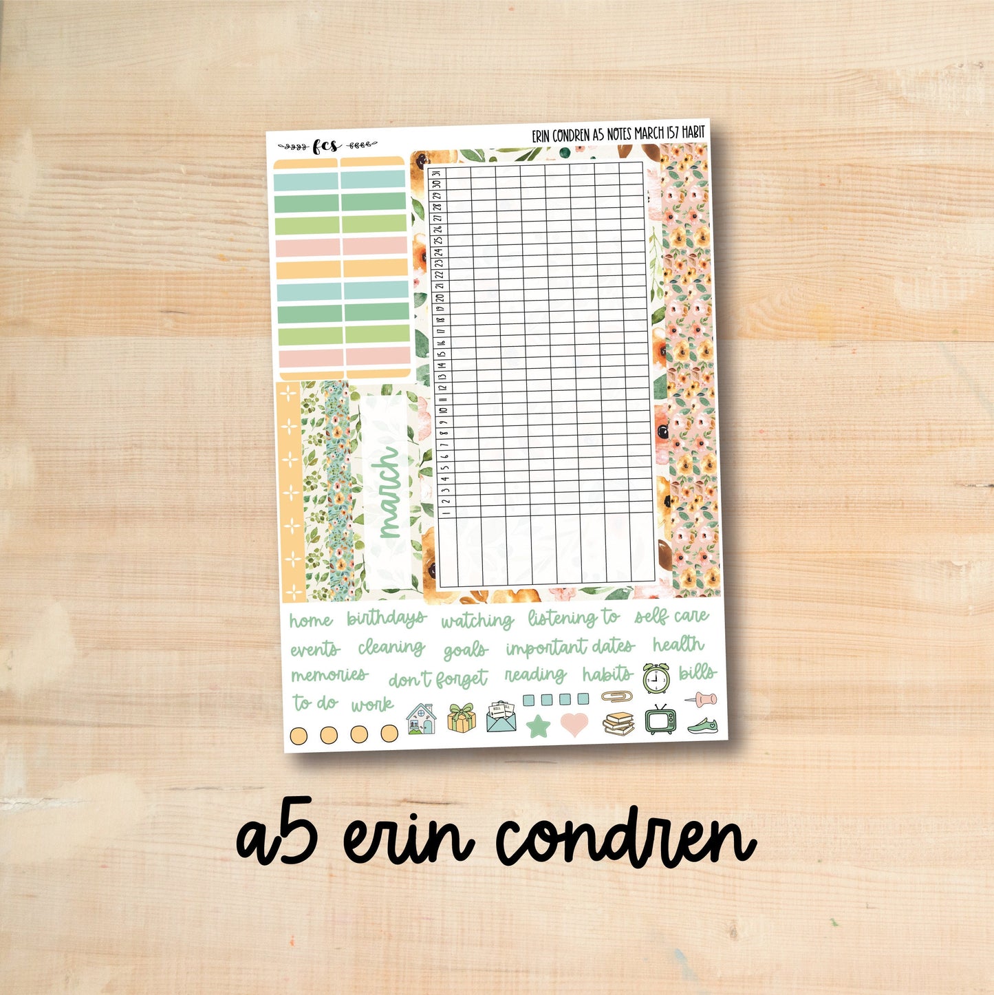 A5 NOTES-MAR157 || SPRING FLOWERS A5 Erin Condren March notes page kit