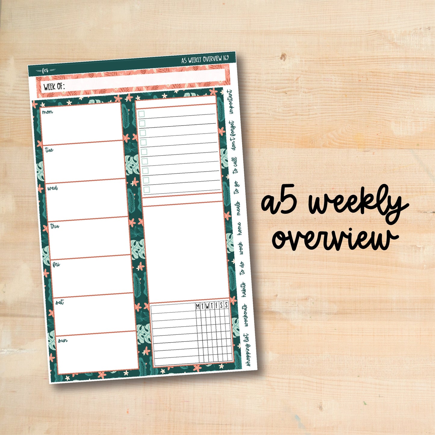 A5-WO 169 || TROPICAL LEAVES A5 Daily Duo Erin Condren Weekly Overview