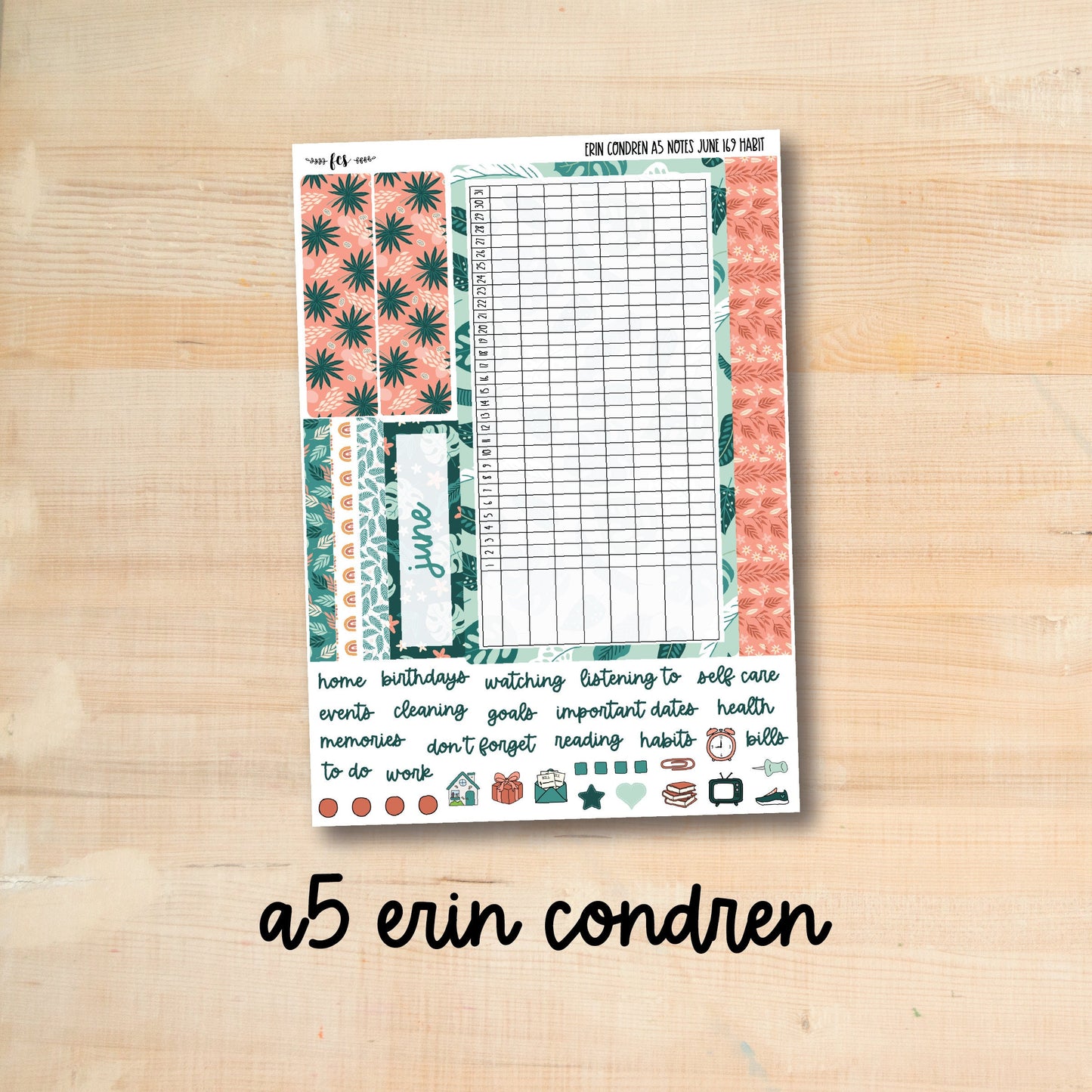 A5 NOTES-JUNE169 || TROPICAL LEAVES A5 Erin Condren June notes page kit