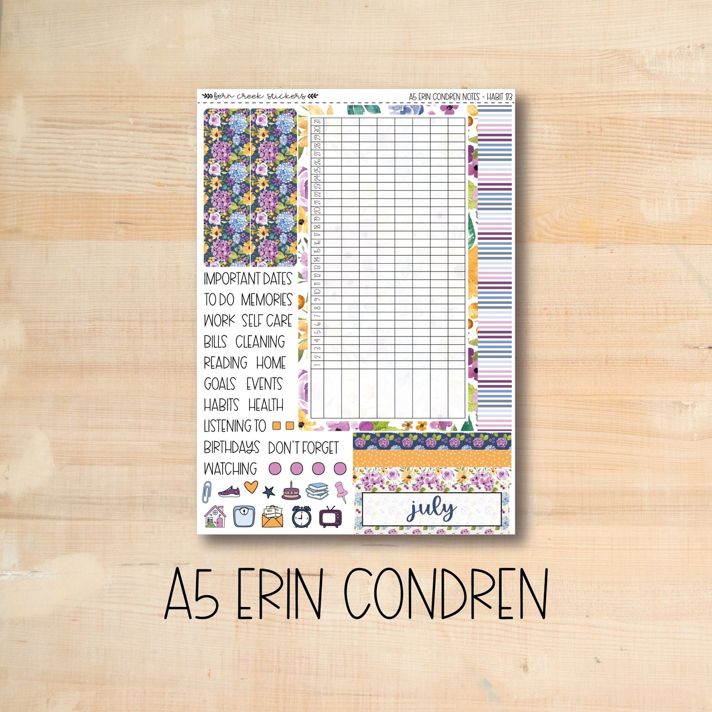 A5 NOTES-173 || HYDRANGEA A5 Erin Condren July notes page kit