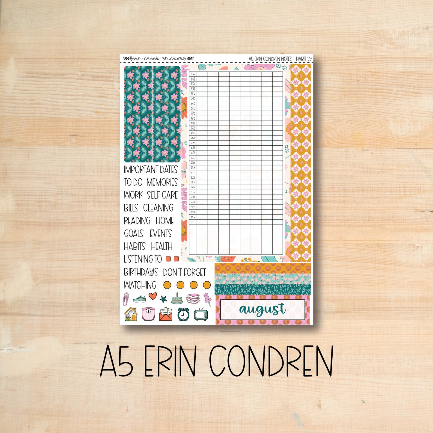 A5 NOTES-179 || SUMMER SUN A5 Erin Condren August notes page kit