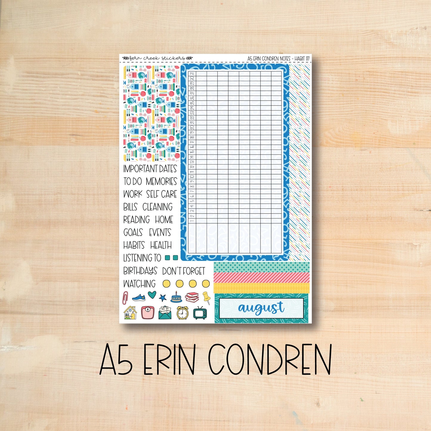 A5 NOTES-177 || BACK To SCHOOL A5 Erin Condren August notes page kit