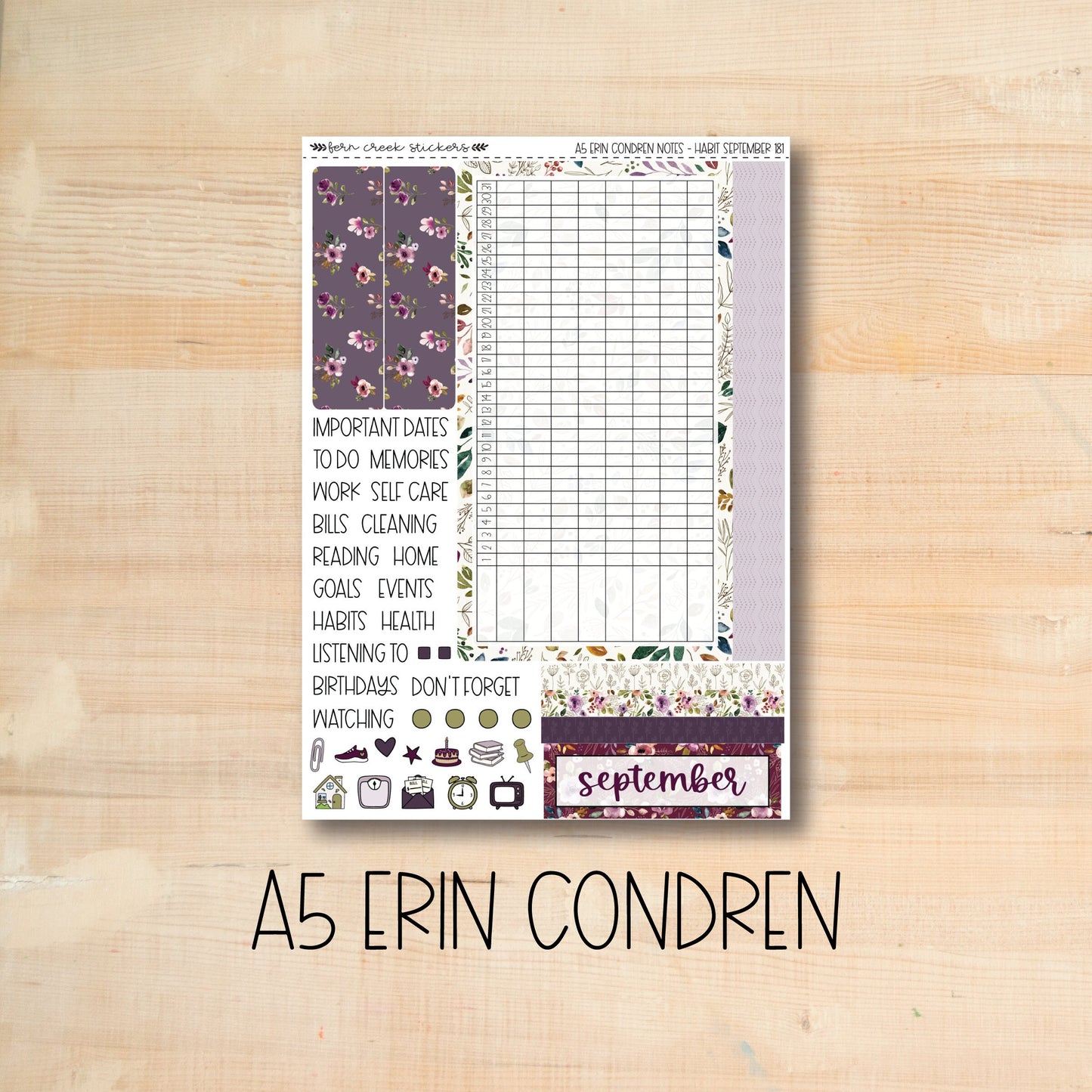 A5 NOTES-181 || AUTUMN AMETHYST A5 Erin Condren September notes page kit