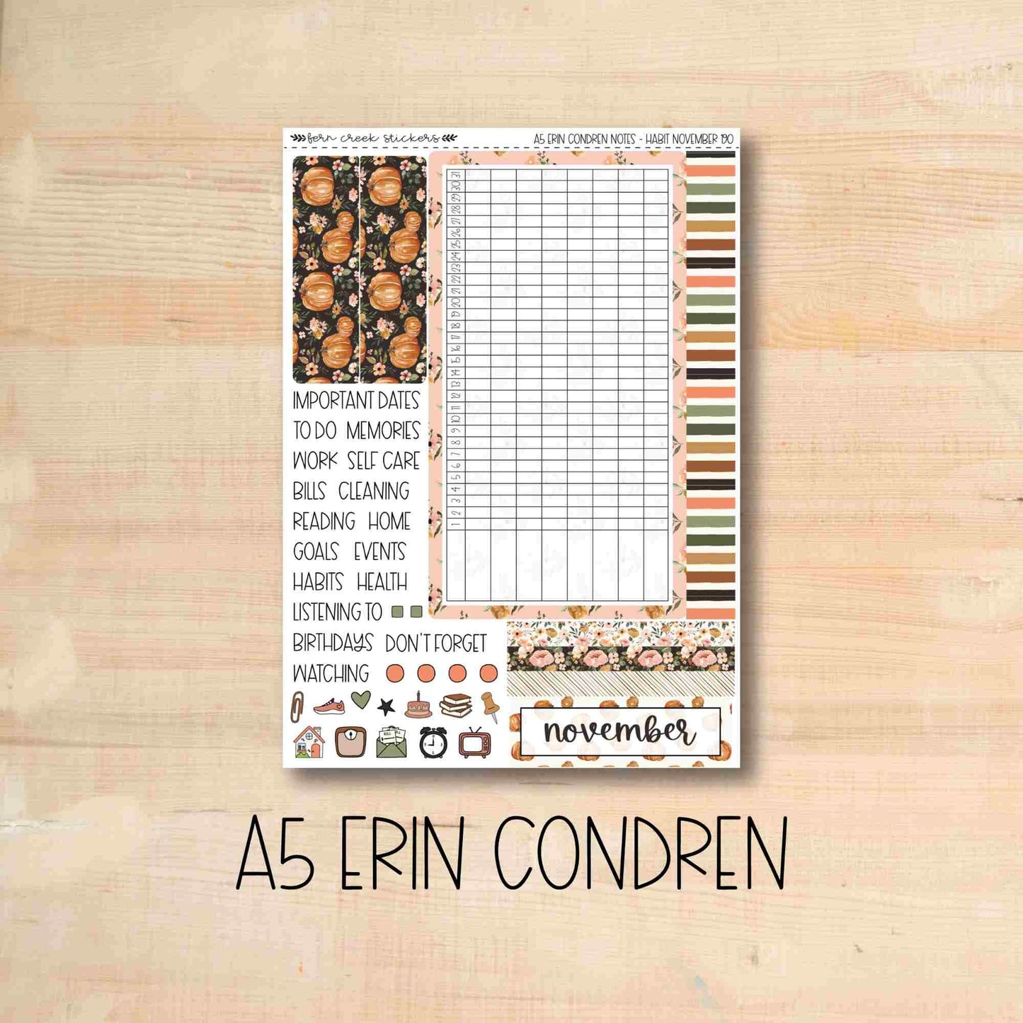 A5 NOTES-190 || PUMPKIN BLOSSOMS A5 Erin Condren November notes page kit