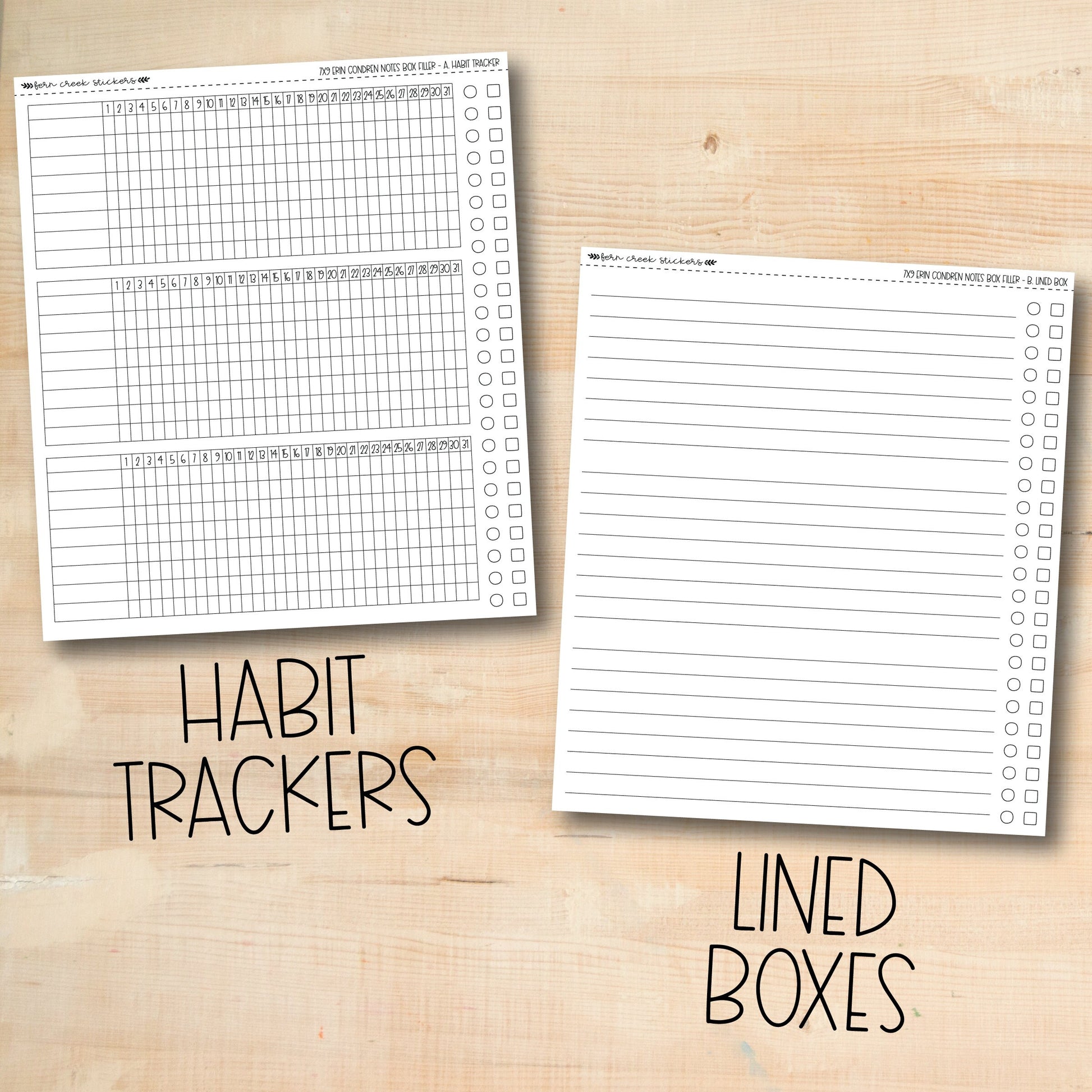 two lined boxes and a habit tracker on a wooden surface