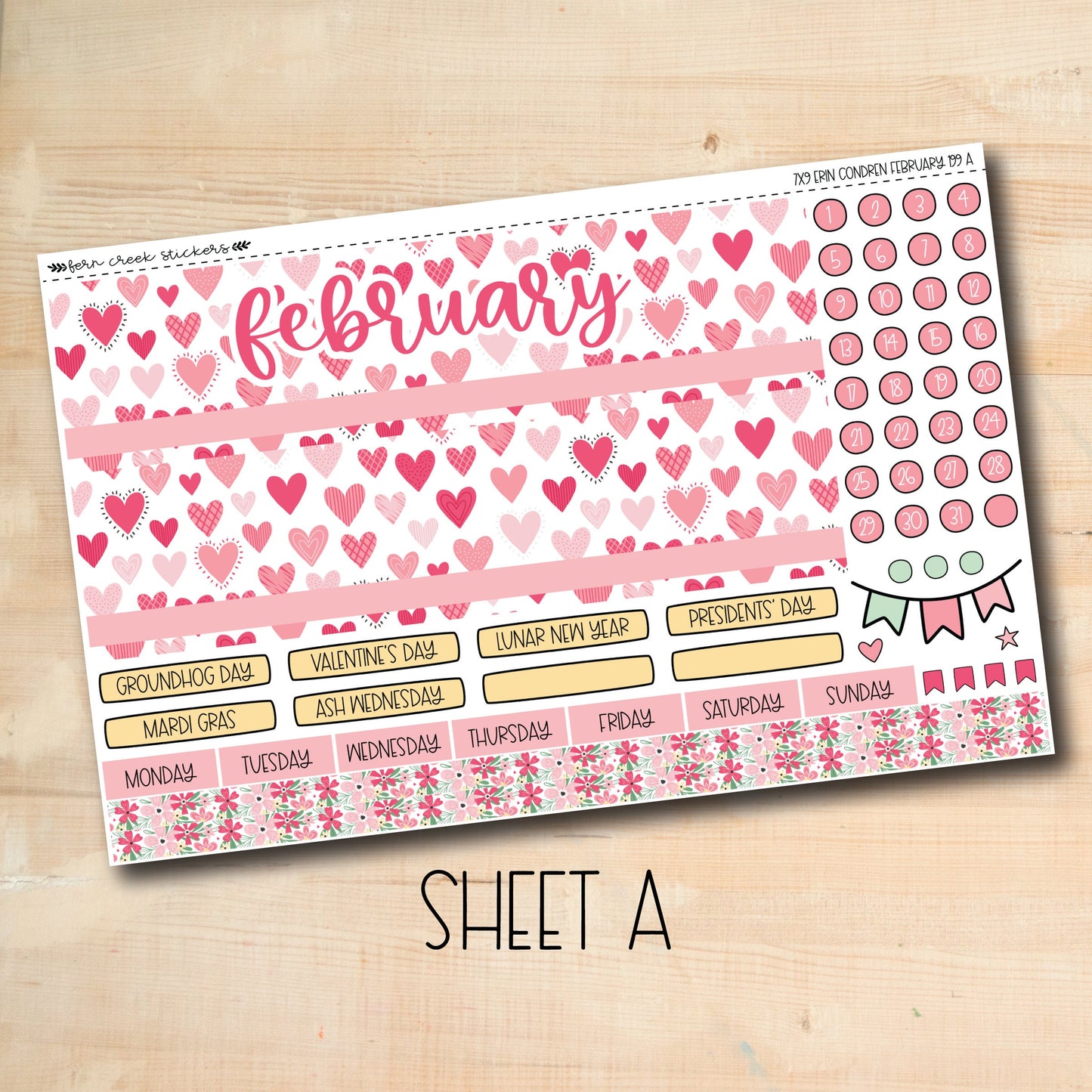 a pink and yellow planner sticker with hearts