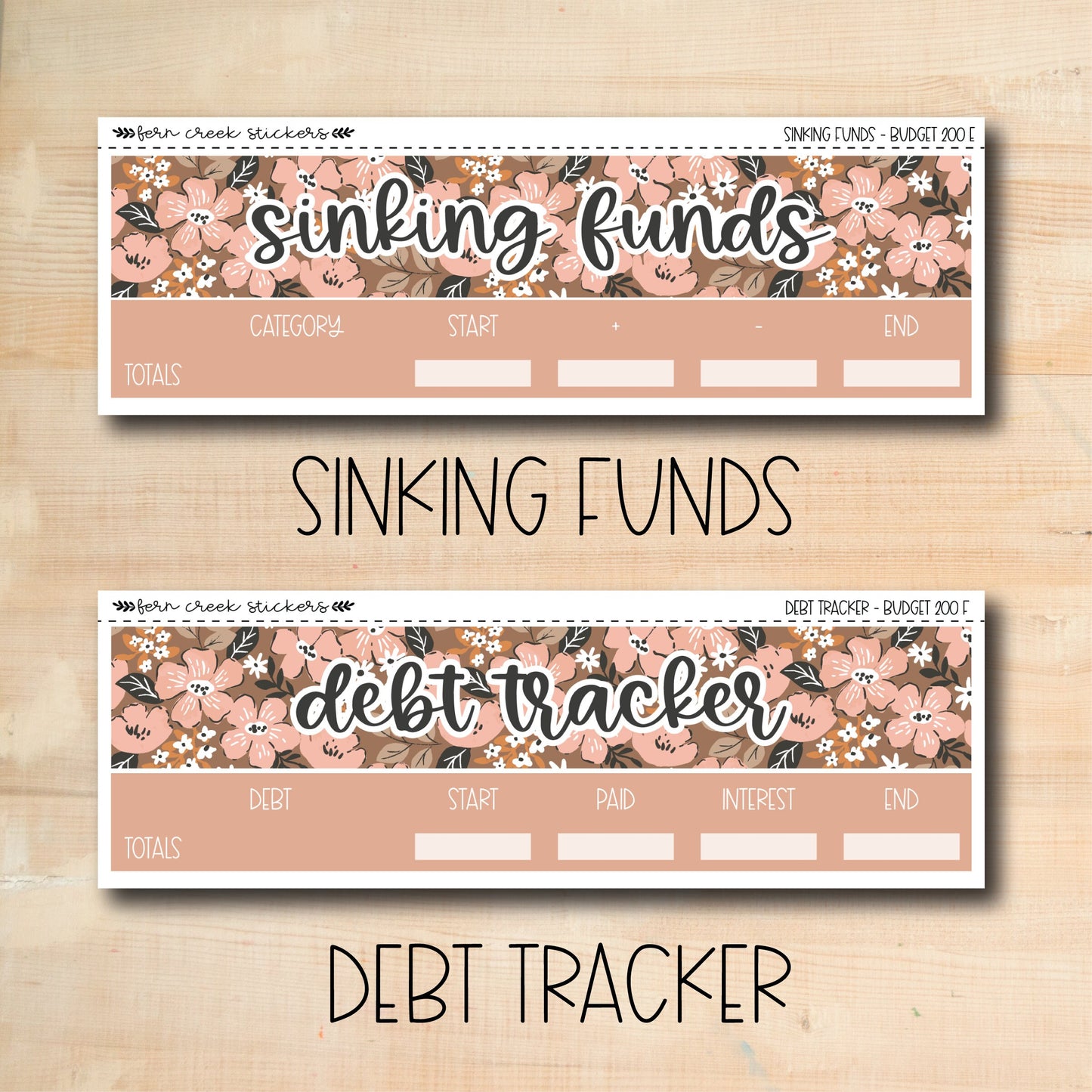 a pair of stickers with the words sinking finds and debt tracker
