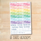 a calendar with a watercolor rainbow background
