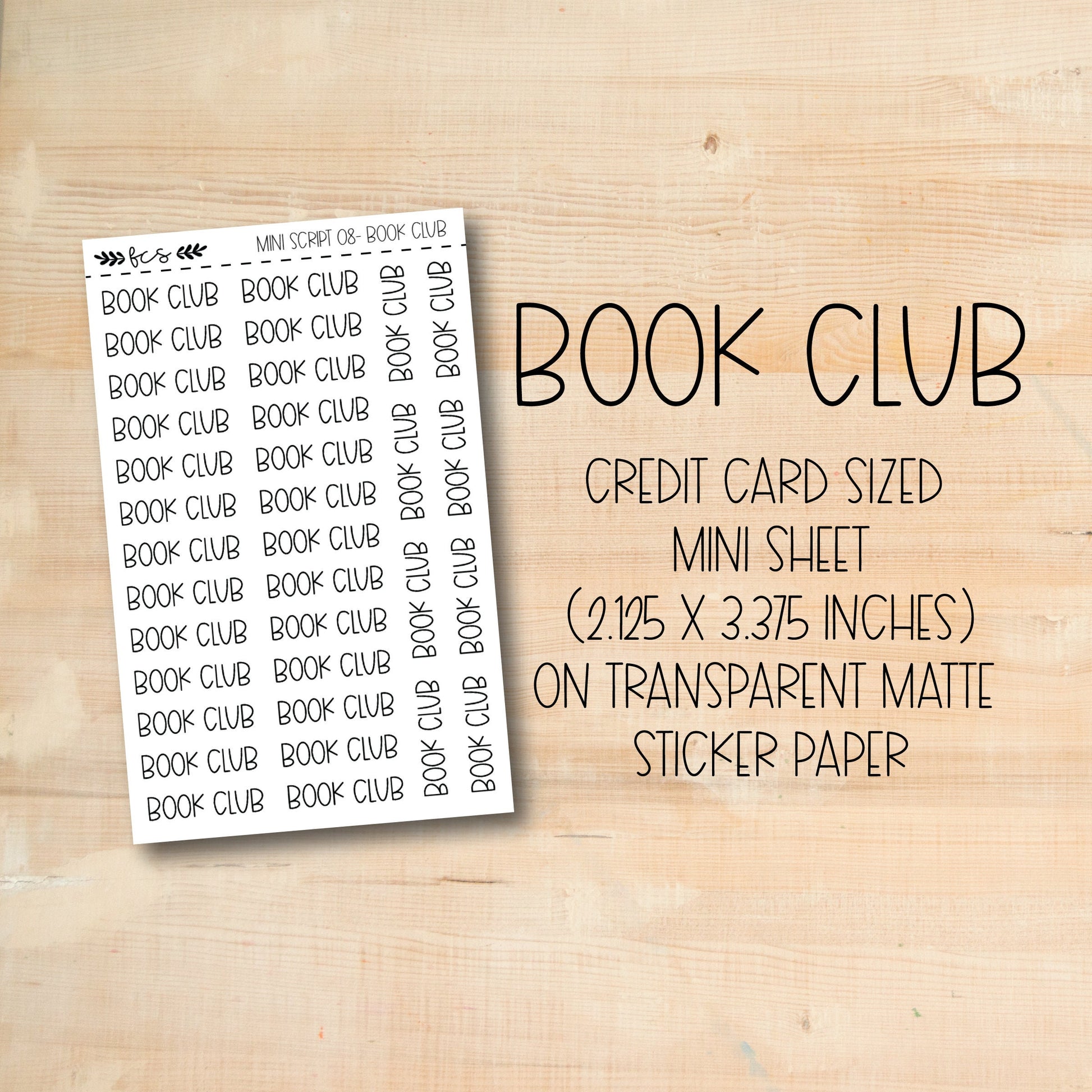 a book club card sized mini sheet with a transparent matte sticker