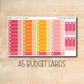 a pink and orange planner sticker with the words a5 budget labels