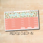 the weekly check - in is displayed on a wooden surface