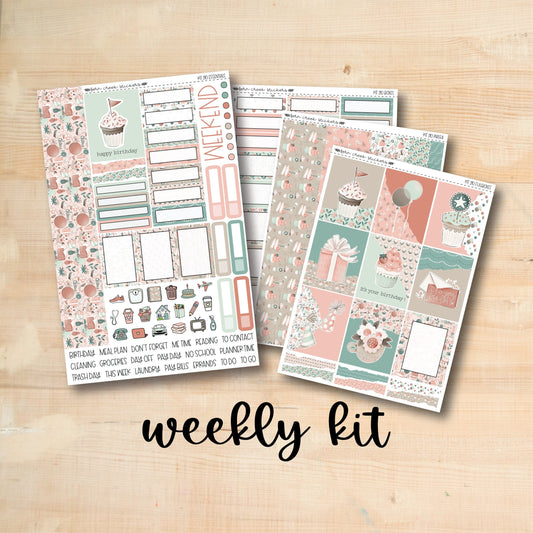 three planner stickers on a wooden surface